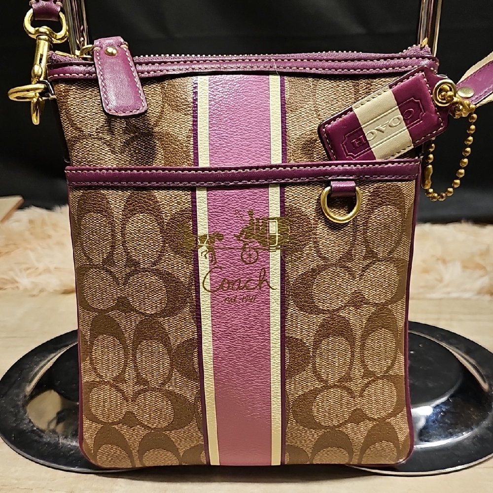 Coach Brown Signature Crossbody with Purple Stripe & Gold Hardware